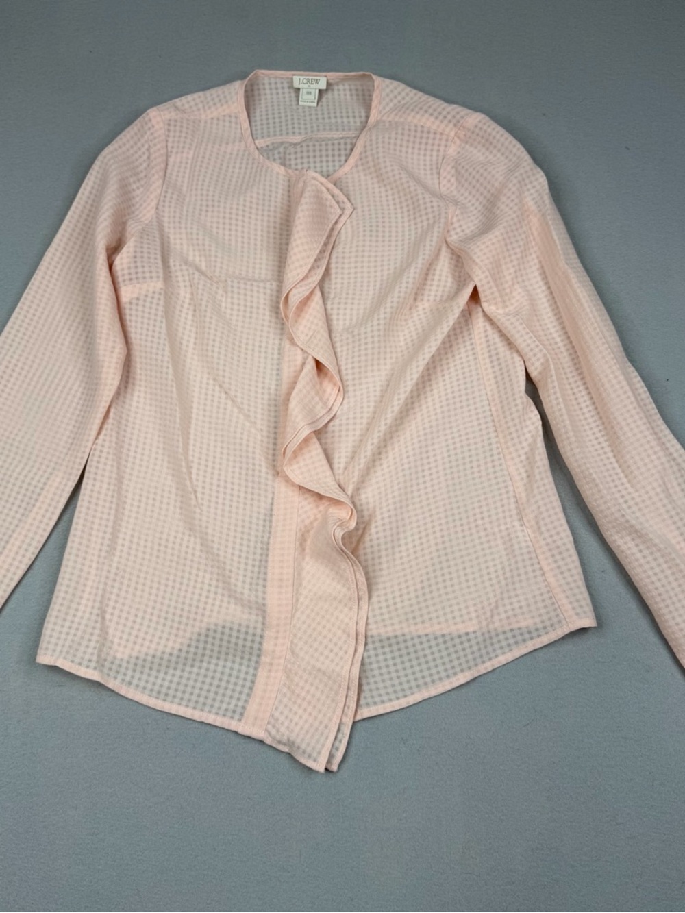 J.Crew Blouse Womens XXS Blush Pink Gingham Sheer Ruffle Front Long Sleeve